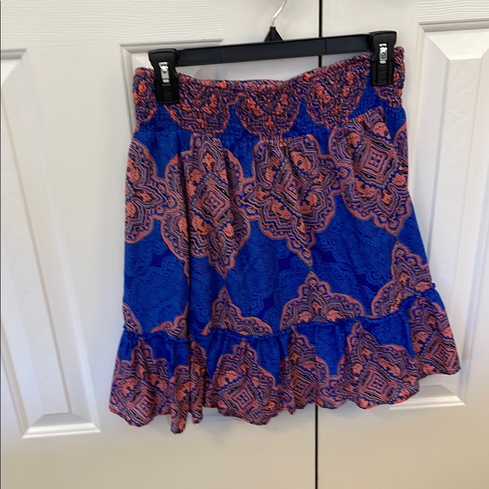Old Navy Blue and Coral Medallion Ruffle Mini Skirt